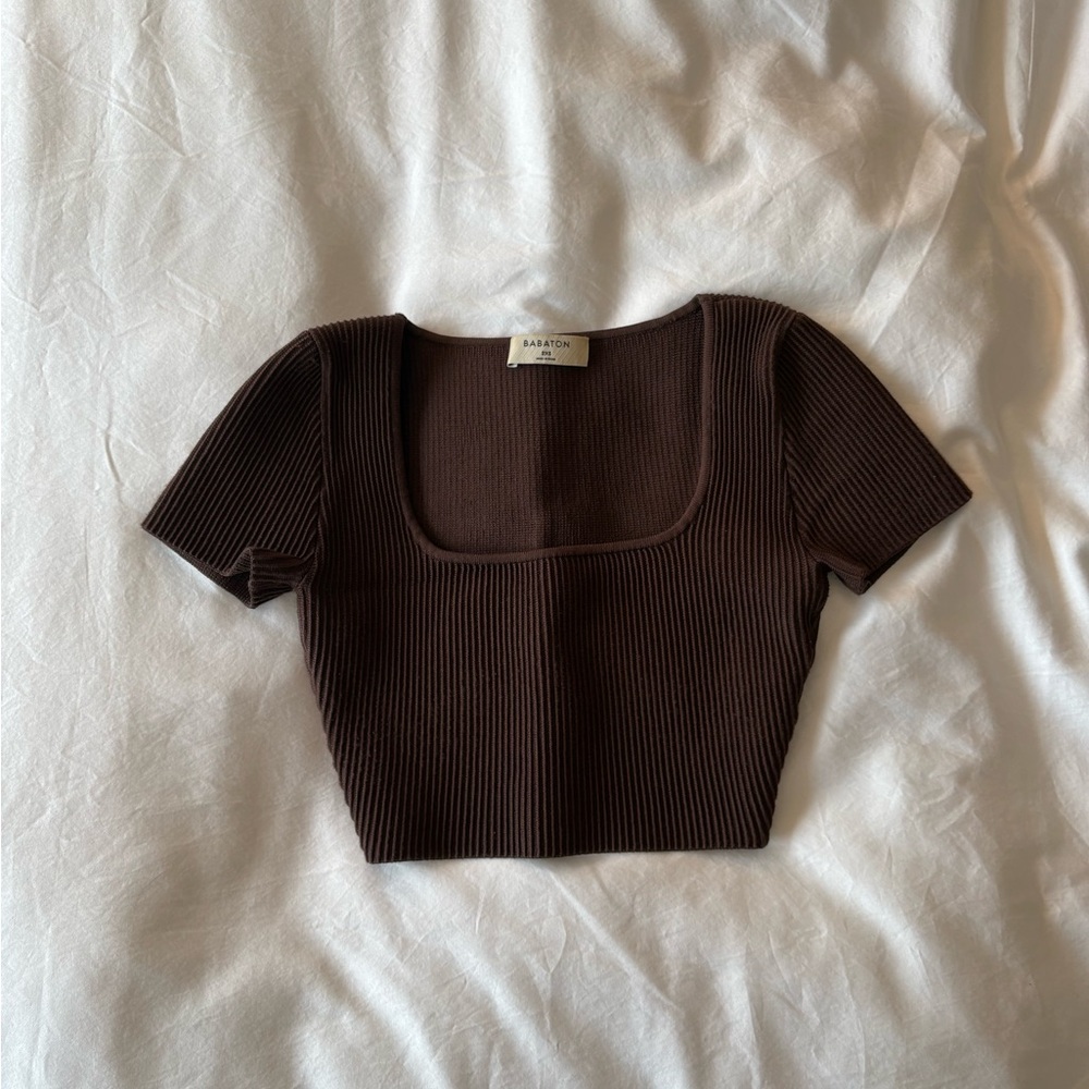 Aritzia Brown Ribbed Square Neck Top